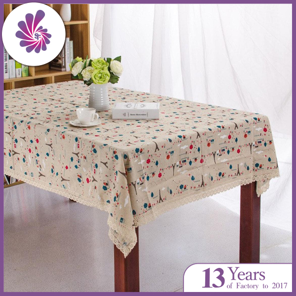 Small Iron Tower Printing Cotton Linen Tablecloth Fabric Lace Trim
