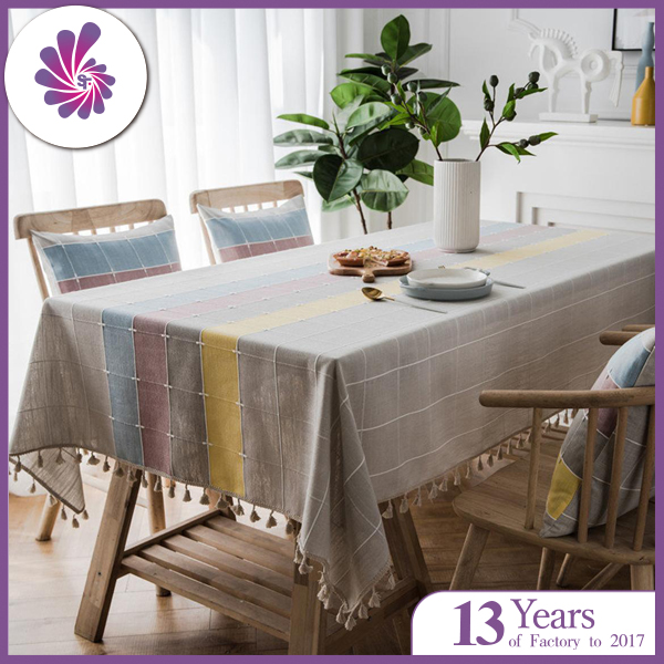 Plaid Linen Cotton Table Cloth with tassels